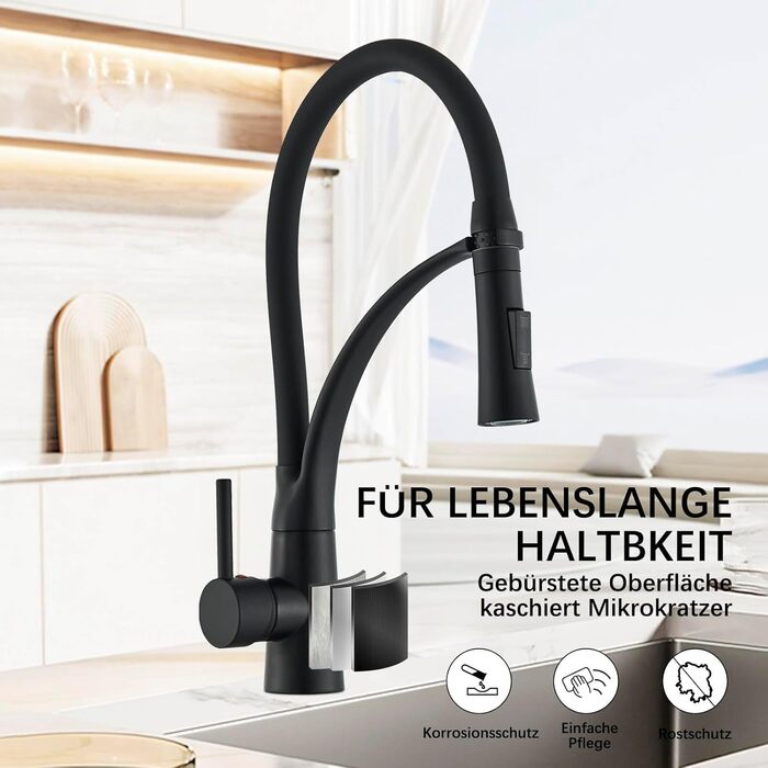 Кухонний змішувач з двома виливами, поворотний 360°, з висувною лійкою, з спіральною пружиною, для мийки, чорний, з матовою обробкою
