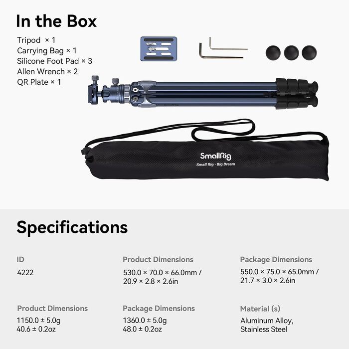 Штатив SMALLRIG для камери з компактною центральною колоною, 360° кульковою головкою, QR-пластиною, вантажопідйомністю до 8 кг, для DSLR-камер -4222B