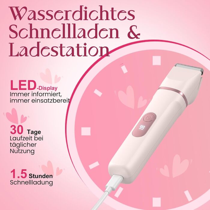 Електричний жіночий триммер 3-в-1 для тіла та інтимної зони з LED-дисплеєм, рожевий. Вологостійкий IPX7, USB-зарядка