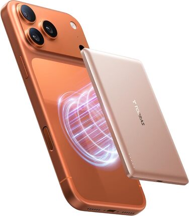 Powerbank TORRAS MiniMag Ultra Slim з MagSafe для iPhone 17 Pro Max, 5000mAh, Швидка зарядка, Бездротовий акумулятор, USB-C, Сірий Титан (Золото)