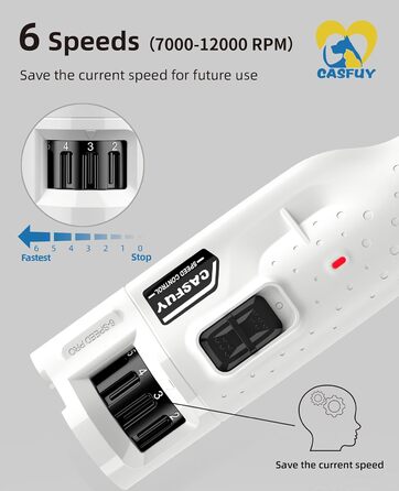 Електричний точилка для кігтів собак Casfuy - 6 режимів, 45 dB, з LED-підсвічуванням, для великих, середніх та малих собак, з захистом від пилу (білий)