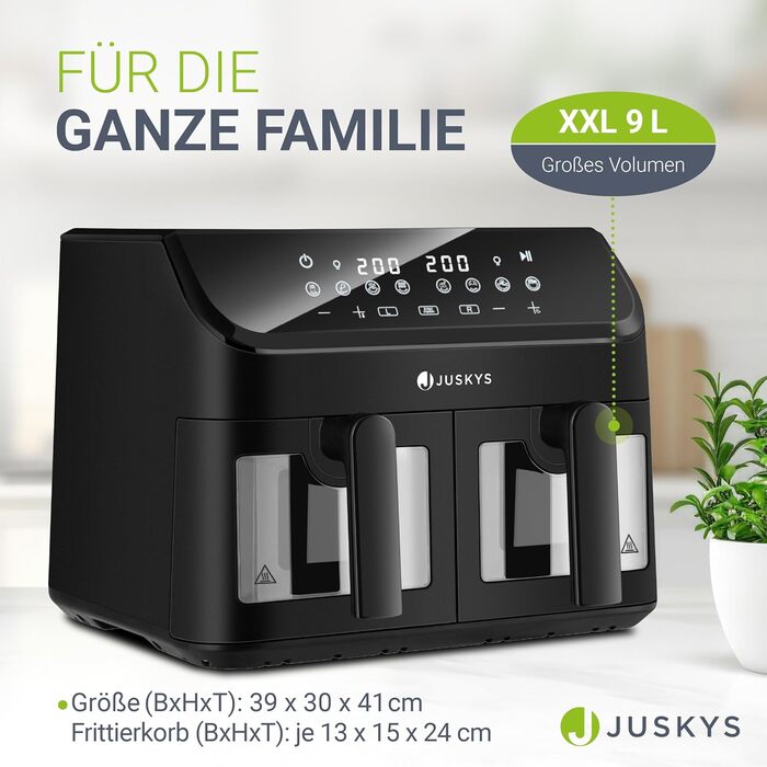 Juskys Air Fryer 9 L Double Chamber - XXL Fryer with 2 Baskets, 9 Programs, Smart Finish, Teflon-Coated