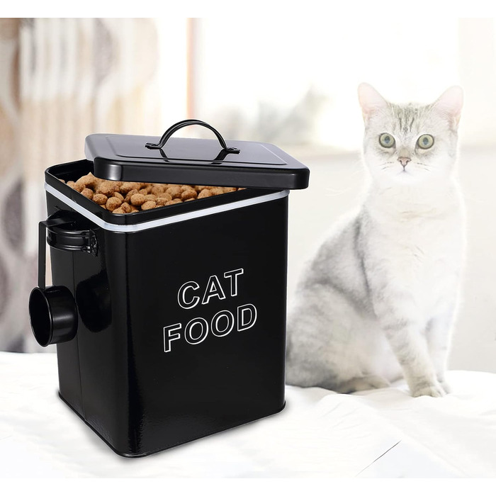 Контейнер для корму для собак та котів, 6.5 літрів, метал, з міркою, герметичний кришкою, білий (для собак) / чорний (для котів)