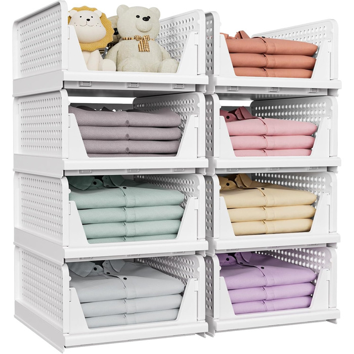 SNSLXH 5 Pack Stackable Closet Shelf Organizer, Multifunctional & Foldable Closet Organizer for Bathroom Kitchen Closet Storage, Space-Saving Closet Drawer Storage Box, White (8pack White)