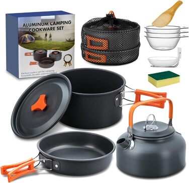 Набір кухонного посуду для кемпінгу, 10 предметів. Набір посуду для приготування їжі на відкритому повітрі, для 2-4 осіб. Плита, сковорода, чайник для пікніків, BBQ та походів
