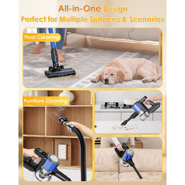 Бездротовий акумуляторний пилосос 50000Pa/500W з дисплеєм, 3 режими, антизаплутувальна щітка, док-станція, 1л, тихий, для шерсті тварин/килимів/підлоги/авто