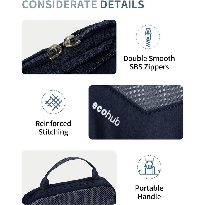 Органайзери для валізи ECOHUB, набір 4 шт. з мітками, екологічні, для рюкзака та валізи, з міцною сіткою, тревел-органайзер (зелений, темно-синій)