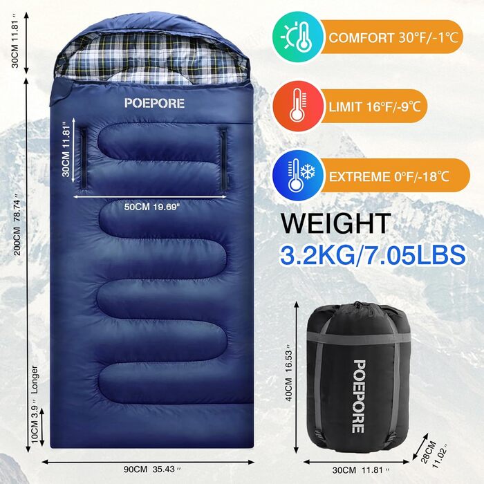 Спальний мішок POEPORE Outdoor 3-4 сезони, фланель, 230x90 см, для дорослих