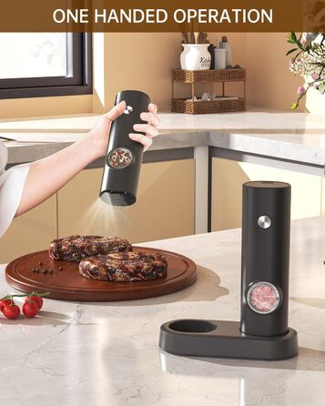 CIRCLE JOY Мельниці для солі та перцю електричні, набір 2 шт., чорні, з підставкою, світлодіодне підсвічування, регулювання помелу, об'єм 70 мл