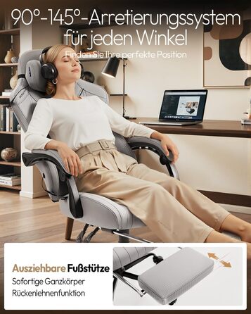 Ігрове крісло Dowinx з масажем, ергономічне, до 135 кг, сіре. Підтримка попереку та шиї, регулювання висоти, шкіра для дорослих