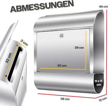 Поштовий ящик настінний KESSER® XXL нержавіюча сталь срібний з газетницею, замок + 3 ключі, вологостійкий, порошкове покриття