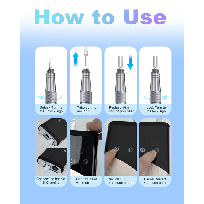 Професійний фрезер для нігтів ENGERWALL M95G: 40000 об/хв, акумулятор 24 год, бездротовий, з LCD, для гелю та акрилу