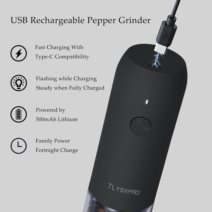 TLYSXPRO Salt and Pepper Grinder Electric 2-Piece Set, USB Rechargeable, Adjustable Coarseness Spice Grinder, Electric Pepper Grinder with LED Light, Cleaning Brush, Kitchen Appliances, Black