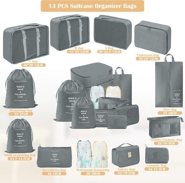 Набір органайзерів для валізи 13 шт., Packing Cubes, водонепроникні органайзери для подорожей та відпустки, дорожній органайзер з прозорими сумками (Сірий)