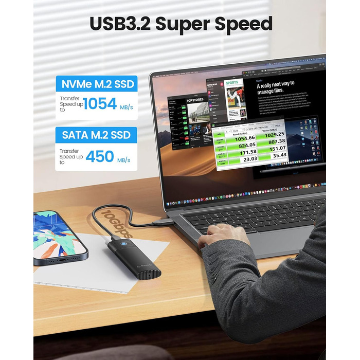 Зовнішній корпус-адаптер ORICO для M.2 NVMe та SATA SSD, USB 3.2 Gen 2 10Gbps, PCIe/NGFF B+M Key (2230/2242/2260/2280), алюмінієвий, без інструментів, PWDM2-BK, чорний