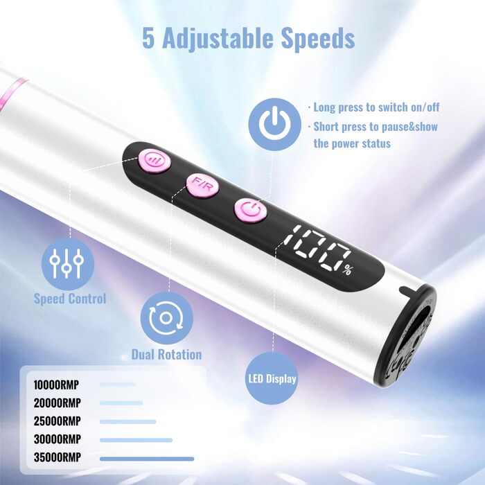 Електричний фрезер для нігтів Nagelfräser Kabellos 2-в-1 з LED лампою для манікюру та педикюру, 35000 об/хв, срібний