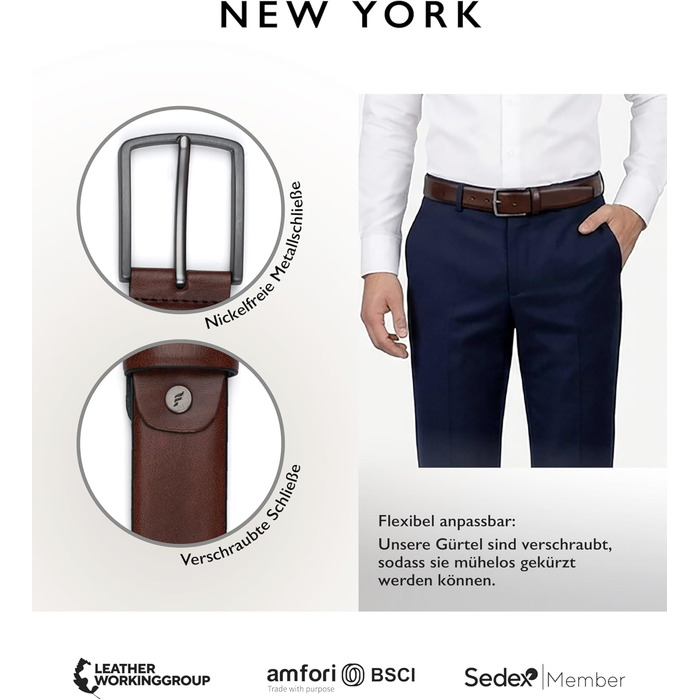 Чоловічий ремінь FENIX NEW YORK Toffee Brown (100 см), ширина 35 мм, екологічний матеріал, регульований розмір, гіпоалергенна пряжка, для костюмів та джинсів