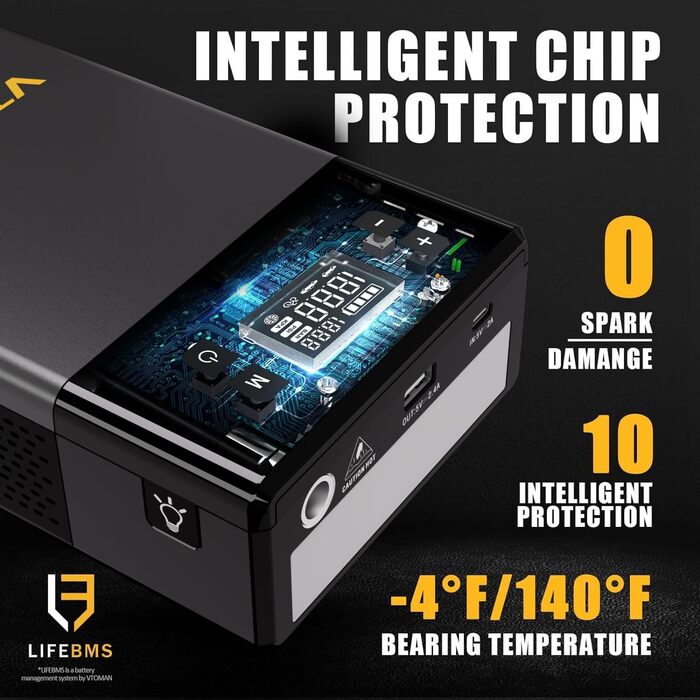 VTOMAN X1: Портативний акумуляторний пусковий пристрій з компресором, 2500A, для авто (бензин до 8.5 л, дизель до 6 л), 150 PSI, 12V, сірий