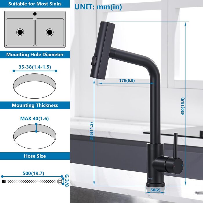 Чорний кухонний змішувач з висувною лійкою, водоспад, високий тиск, 3 режими, поворотний на 360°, з нержавіючої сталі, матовий, для кухні