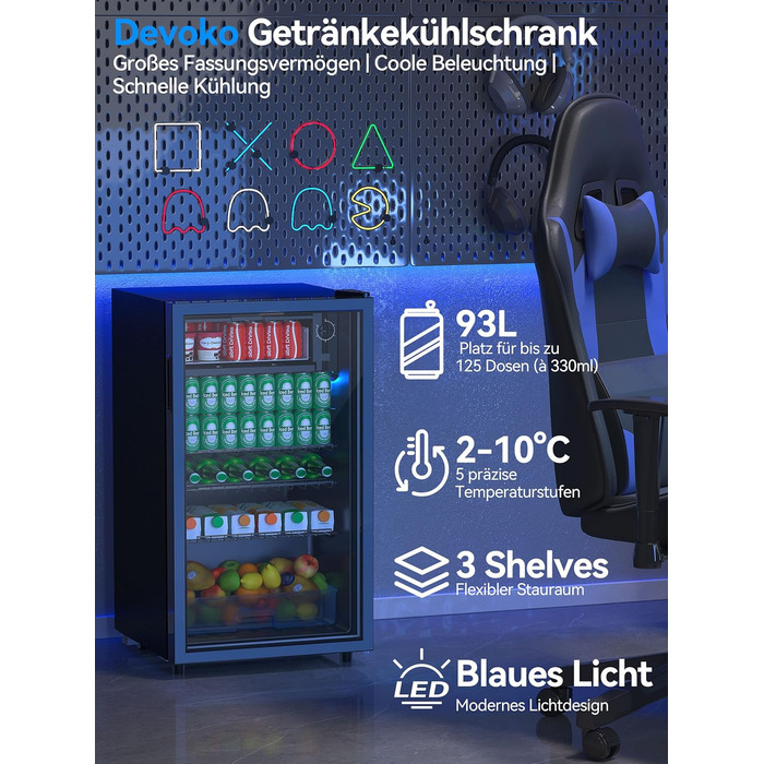 Холодильник для напоїв Devoko 93L з LED-підсвіткою RGB, регульовані полиці, для дому, офісу, вечірок та HoReCa, міні-бар, чорний