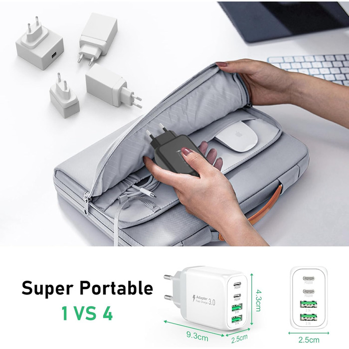 Мережевий адаптер USB-C 40W 4-портовий Cshare з PD 3.0, USB-C та USB-A, для iPhone, iPad, Samsung Galaxy, Android, білий/чорний