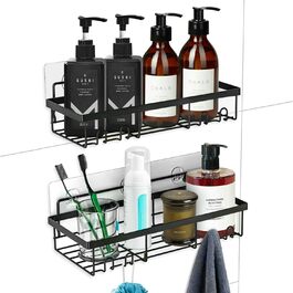 Двосекційна дзеркальна поличка для душу без свердління, 2 шт. з 8 гачками, велика місткість, для шампуню та аксесуарів (чорний)