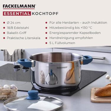 Каструля Fackelmann Essential з нержавіючої сталі, 24 см, з кришкою, синього кольору, з ергономічними ручками Softtouch, для всіх типів плит