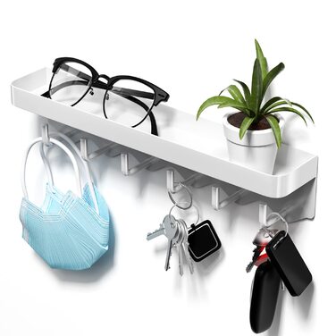 Ключниця Newaner з полицею та 6 гачками, біла. Органайзер для ключів без свердління, настінний, для дому та кухні