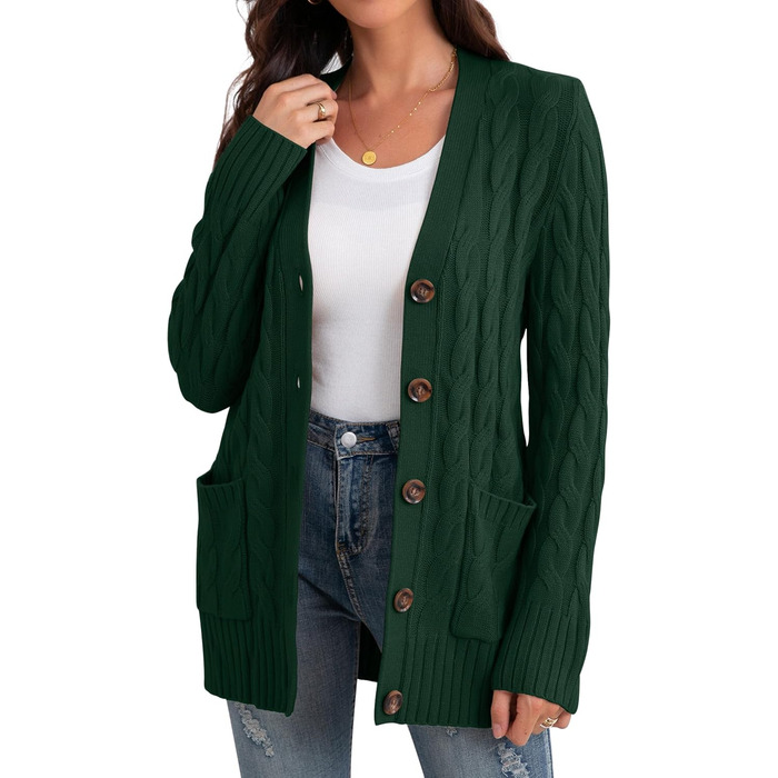 Жіночий в'язаний кардиган GRECEREE з кишенями та ґудзиками, великий розмір, білий (XL, темно-зелений)
