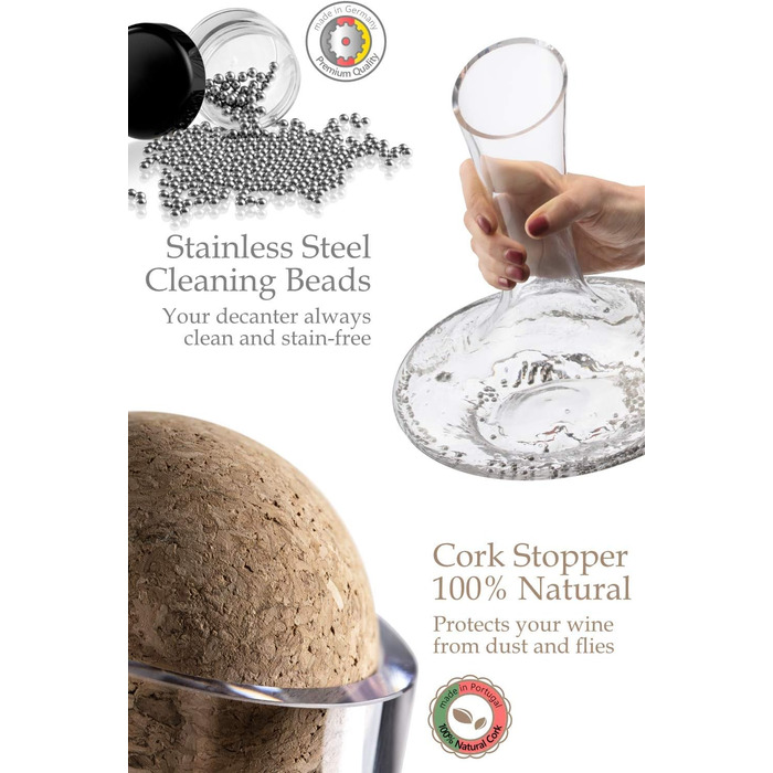 Decanter & Accessories (Cleaning Pearls, Cork Stopper, Trivets & Coasters) - 100% Handmade in Europe Lead-Free Crystal Glass Wine Decanter for Red Wine - Unique Gift Idea