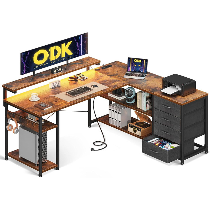 Стіл письмовий кутовий ODK з шухлядами, LED-підсвіткою, 2 розетками та 2 USB-портами для дому та офісу, 135x110 см (Вінтаж-коричневий)