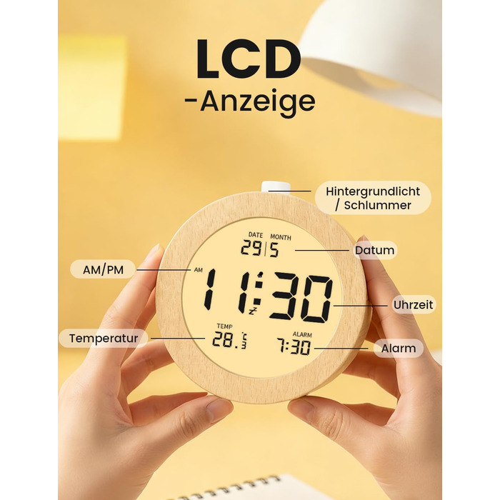 Цифровий будильник aboveClock з дерев'яним корпусом: LCD-дисплей з температурою та датою, функція Snooze, підсвічування, для спальні