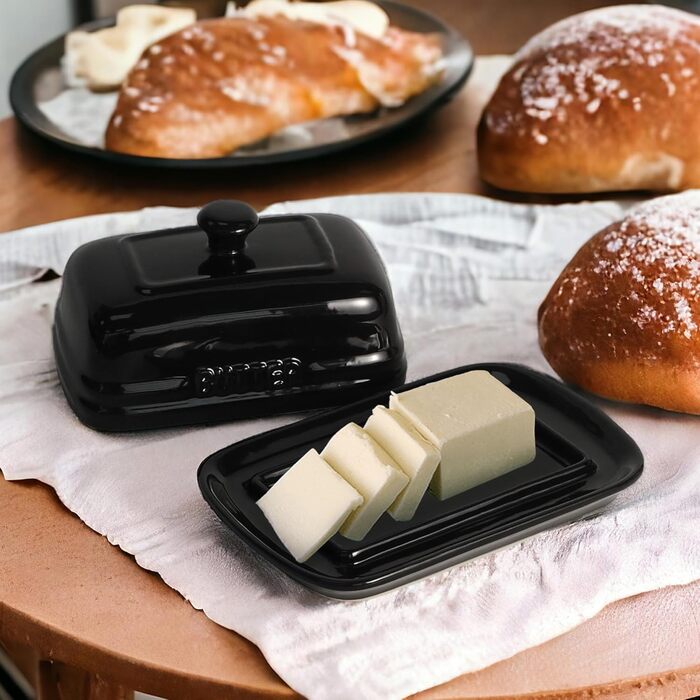 Ceramic Butter Dish with Lid for Countertop, 12.7 x 19.1 cm, Large Butter Container, Black Butter Holder for 2 Sticks, Butter Dispenser for Kitchen Countertop, Ceramic Butter Dishes with