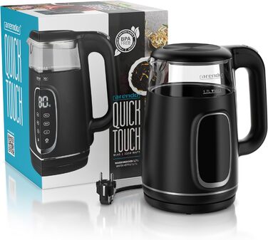 Електричний чайник Arendo зі скляною колбою, регулюванням температури, нержавіючою сталлю, подвійними стінками (Cool Touch), дисплеєм, бездротовим підключенням, 2200 Вт, 1,7 л, захистом від перегріву, функцією підтримання тепла, чорний