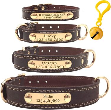 Персоналізоване шкіряне нашийник для собак з гравіюванням імені та номером телефону, ідентифікаційний нашийник для собак, підходить для собак маленьких, середніх та великих порід, L (ширина 3 см, обхват шиї 50–60 см), Колір: Коричневий