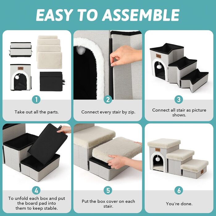 Сходинки для собак маленьких порід з місцем для зберігання, 3 сходинки, бежеві, до 80 кг, 33x69x36 см