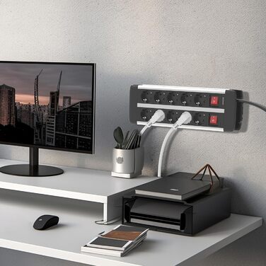 Мережевий фільтр на 10 розеток з USB-C PD 20W, захист від перенапруги, сертифікація TÜV/GS, вимикач, кабель 1.5м, 16A для офісу та майстерні