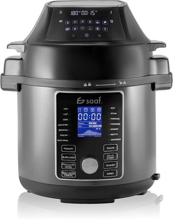 Мультиварка Saaf з Airfryer – 15-ти частинний набір, 24 програми – мультиварка, рисоварка, пароварка, сковорода-каструля – 6л – з корзиною, каструлею та кулінарною книгою – цифровий дисплей