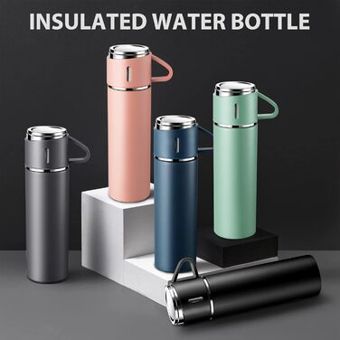 Stainless Steel Thermos Flask with Cup and Handle - 500ml Insulated Travel Mug, Leak-Proof, Double-Walled, Vacuum Insulated, Hot/Cold for Kids, Sports (Black)