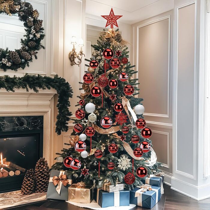 Набір прикрас на ялинку 101 шт., новорічний декор, пластикові кулі для ялинки, кулі на ялинку, зірка на верхівку, матові, глянцеві, багаторазові ялинкові кулі, 3, 4 та 6 см (червоні)