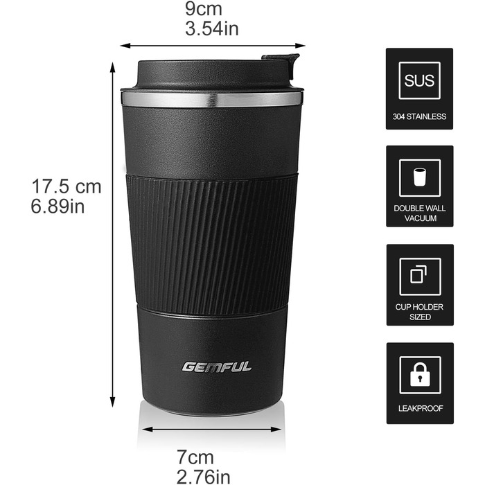 Термокружка з нержавіючої сталі 510 мл GEMFUL - для подорожей та дому (Чорний)