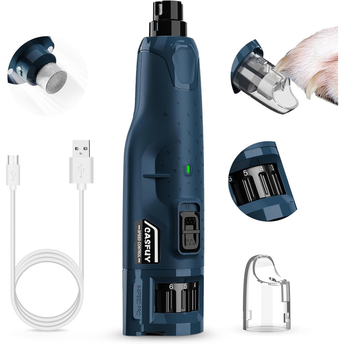 Електричний точилка для кігтів собак Casfuy - 6 режимів, 45 дБ, з LED-підсвіткою, для великих, середніх та малих порід, з захистом від пилу (білий/блакитний)