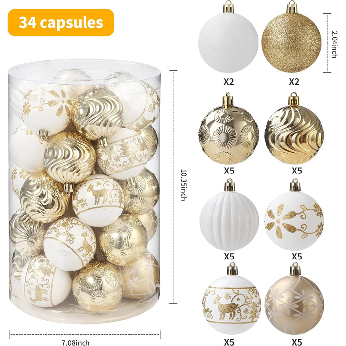 34 штуки новорічних кулі, прикраси для ялинки з пластику, новорічні прикраси з ключ-стрічкою, набір з малюнком оленя, кульки для прикраси ялинки (біле золото)