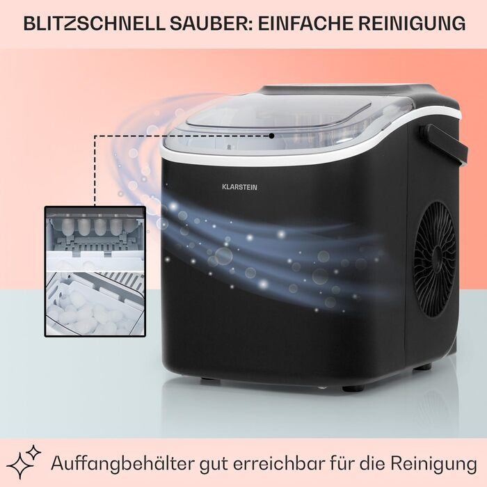 Klarstein Ice Maker - 12kg/24h, 2 sizes, 1.3L water tank, LED displays, transparent lid, portable, ice cube maker for parties/garden events (Black)