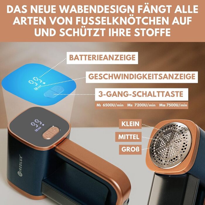 Електричний машинка для видалення катишків WiredLux для одягу та меблів, LED-підсвітка, 3 швидкості, 6-лезова, USB-зарядка, графітово-сірий/мідний, кобальтово-синій/мідний