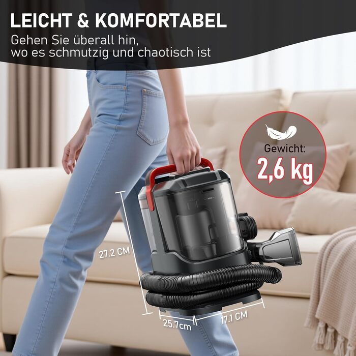 Портативний мийний пилосос для м'яких меблів та килимів з насадкою для видалення шерсті тварин, чорний