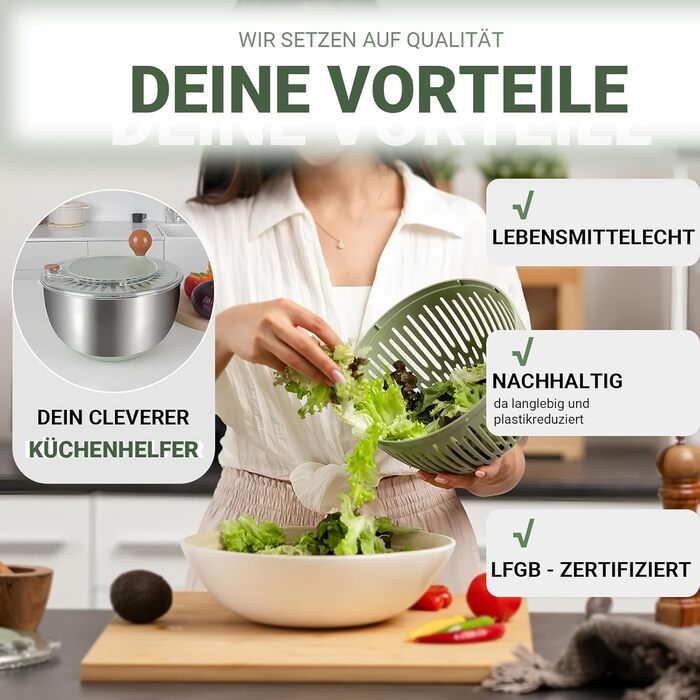 Салатниця-центрифуга з нержавіючої сталі, 500 г об'єму, 5 л, ручний привід з ручкою, неслизький кришка та випуск води, придатна для миття в посудомийній машині, ідеальна для свіжих салатів та овочів