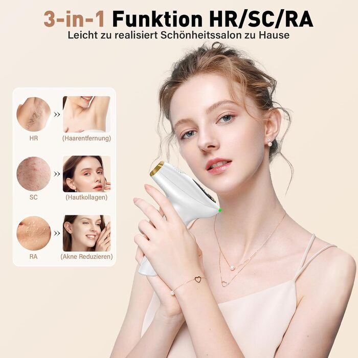 Пристрій для епіляції IPL з лазером та охолодженням, 3 функції (HR/SC/RA), 9 рівнів енергії, 999 999 імпульсів, для чоловіків/жінок/обличчя/бікіні/тіла (білий)