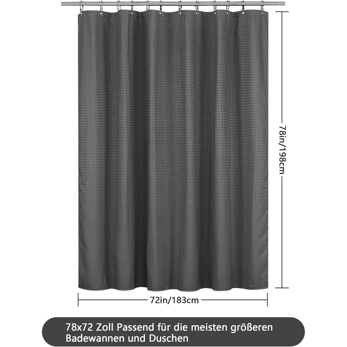 Шторка для душу Waffel з магнітами, текстиль, поліестер, 183x183 см (зелена). Водостійка шторка для ванни та душу з 12 кільцями.