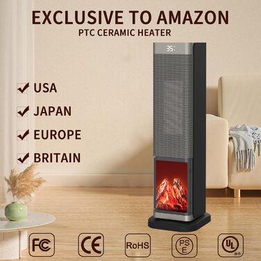 Електрична теплова гармата з пультом керування 2000W, 23 дюйми, 70° осциляція, 3D-полум'я, LED-дисплей, ECO-режим, таймер 12 годин - для дому, колір сріблястий